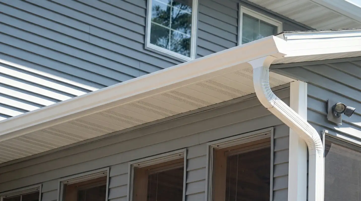 Professional home remodeling project showing newly installed white seamless gutters and downspouts on a house with gray siding in Fort Worth, TX