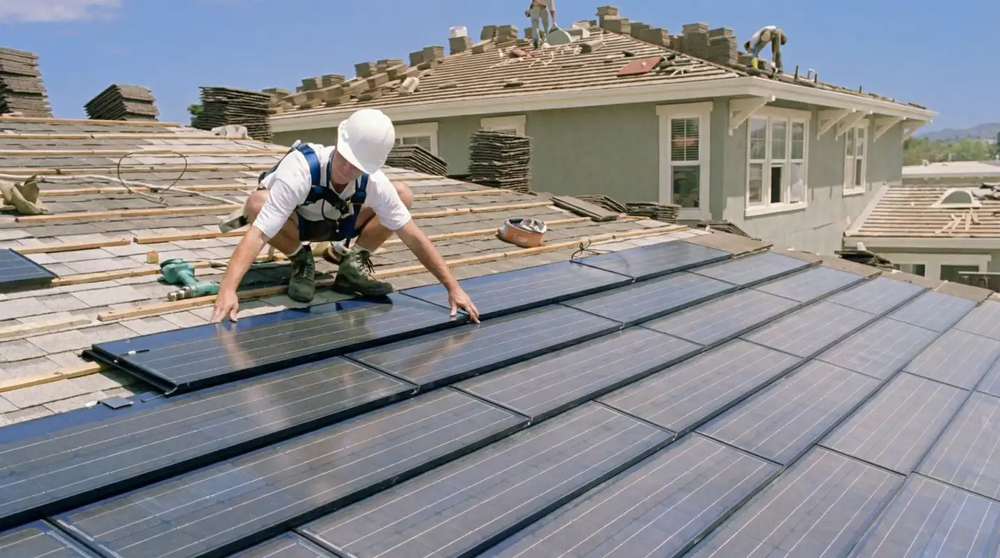 Roof replacement expert installing modern solar shingles on a residential home in Fort Worth, TX