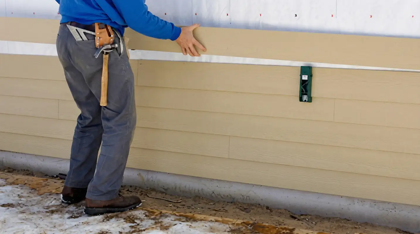 Siding replacement expert carefully aligning a new tan siding panel onto a residential exterior wall in Fort Worth, TX