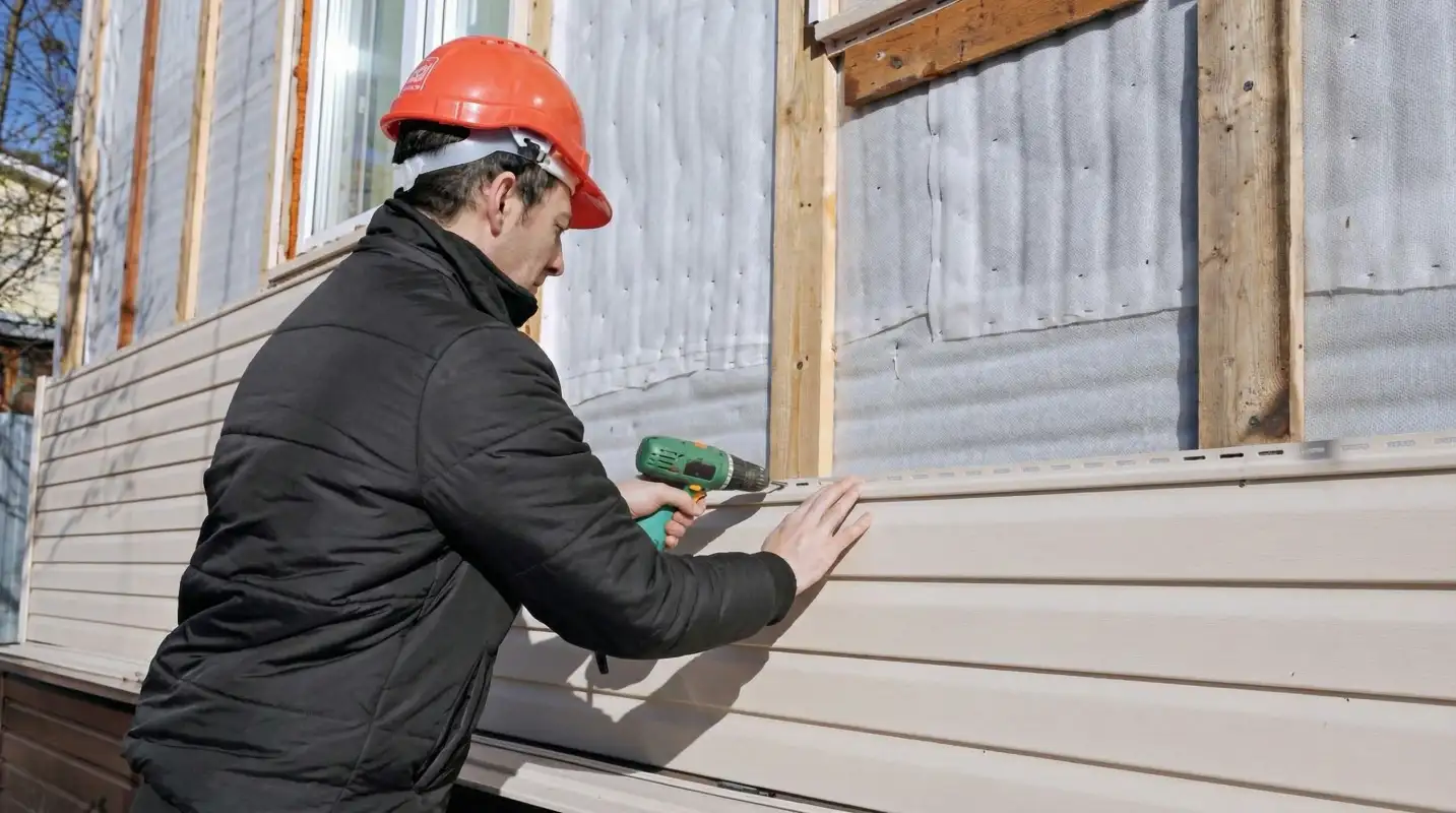 Siding replacement professional using a power drill to install new tan vinyl siding on a home exterior in Fort Worth, TX