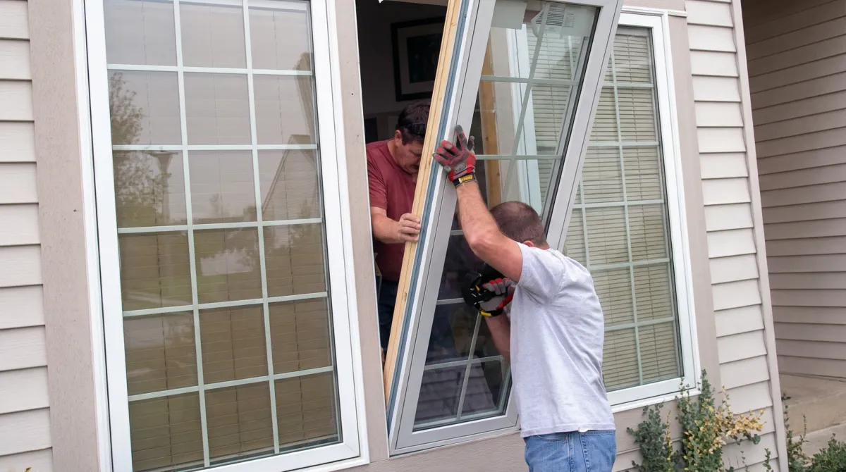 Professional home remodeling team installing a large replacement window on a house with tan siding in Fort Worth, TX