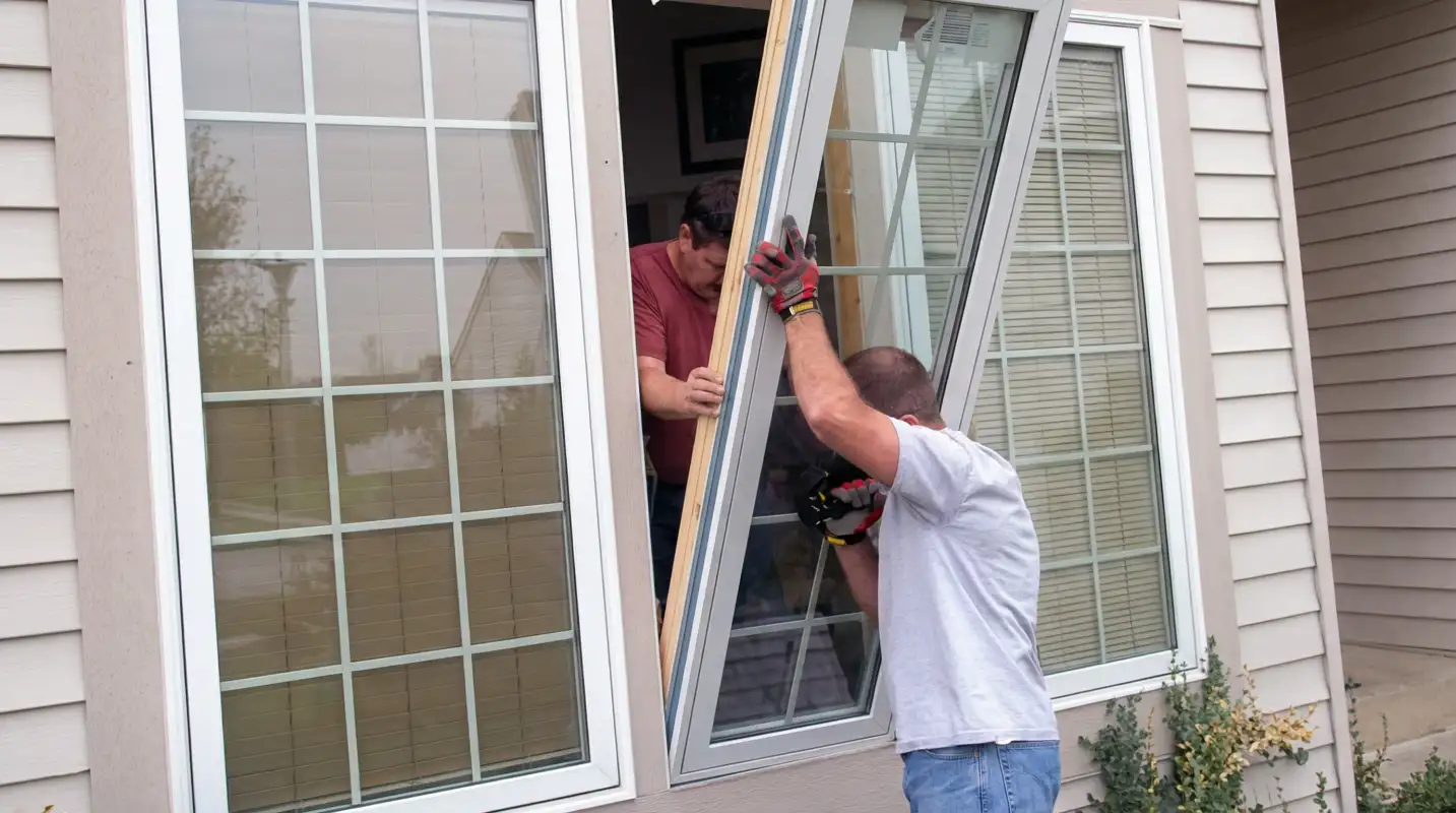 Professional home remodeling team installing a large replacement window on a house with tan siding in Fort Worth, TX